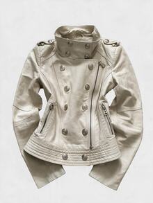 ROMWE Jaket Wanita Musim Gugur/Dingin Vintage Y2K Napoleon PU dengan Dekorasi Logam Keren, Kancing Ganda Depan Terbuka, Serbaguna - Aprikot - View 1