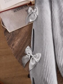 SHEIN Tween Girls Casual Round Neck Long Sleeve Hollow Out Bow Sweater, Autumn/Winter Kids - Grey - View 7