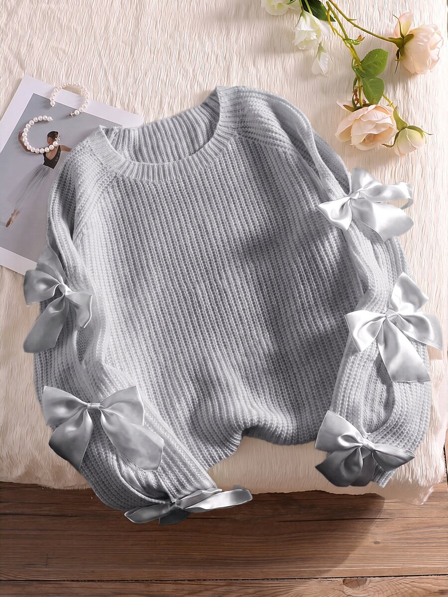 SHEIN Tween Girls Casual Round Neck Long Sleeve Hollow Out Bow Sweater, Autumn/Winter Kids - Grey - View 1