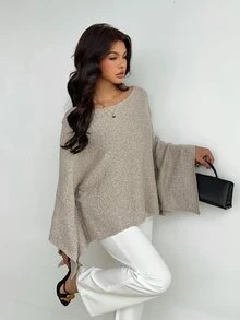 Aloruh Women's Elegant Casual Commute Khaki Autumn/Winter Pullover Sweater With Waist Tie,Long-Sleeved Sweater,Solid-Color Cape-Style Knit Top,Going Out Tops - Grey - View 5