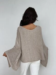 Aloruh Women's Elegant Casual Commute Khaki Autumn/Winter Pullover Sweater With Waist Tie,Long-Sleeved Sweater,Solid-Color Cape-Style Knit Top,Going Out Tops - Grey - View 2