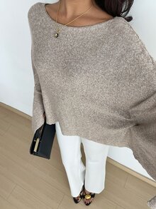 Aloruh Women's Elegant Casual Commute Khaki Autumn/Winter Pullover Sweater With Waist Tie,Long-Sleeved Sweater,Solid-Color Cape-Style Knit Top,Going Out Tops - Grey - View 3