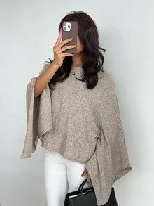 Aloruh Women's Elegant Casual Commute Khaki Autumn/Winter Pullover Sweater With Waist Tie,Long-Sleeved Sweater,Solid-Color Cape-Style Knit Top,Going Out Tops - Grey - View 1
