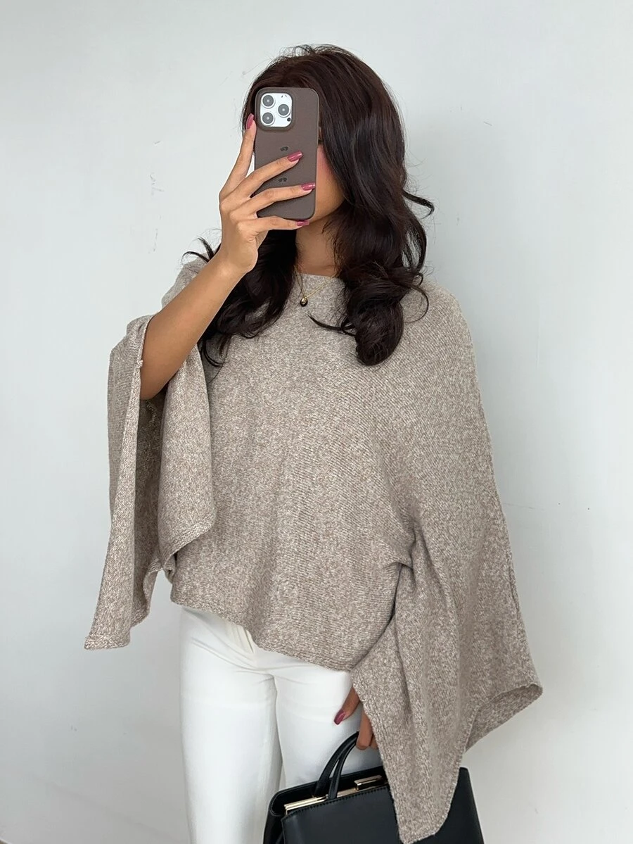 Aloruh Women's Elegant Casual Commute Khaki Autumn/Winter Pullover Sweater With Waist Tie,Long-Sleeved Sweater,Solid-Color Cape-Style Knit Top,Going Out Tops - Grey - View 1