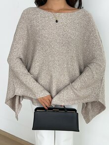 Aloruh Women's Elegant Casual Commute Khaki Autumn/Winter Pullover Sweater With Waist Tie,Long-Sleeved Sweater,Solid-Color Cape-Style Knit Top,Going Out Tops - Grey - View 4