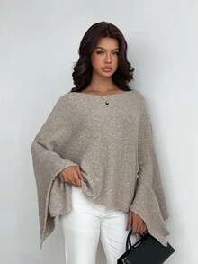 Aloruh Women's Elegant Casual Commute Khaki Autumn/Winter Pullover Sweater With Waist Tie,Long-Sleeved Sweater,Solid-Color Cape-Style Knit Top,Going Out Tops - Grey - View 7