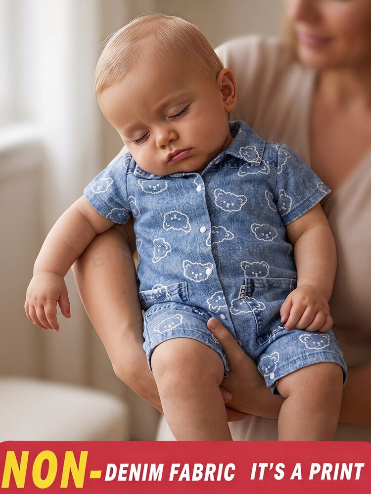 SHEIN Baby Boy Cute Teddy Bear Print Romper Acid Wash Effect Jumpsuit Newborn Infant Short Sleeve Button Front Cargo Pocket Romper - Blue - View 1