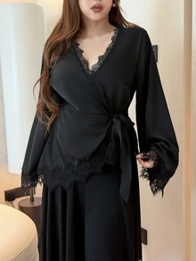 Vibekara Plus Size Women's Casual Minimalist Commute Woven Long Sleeve Shirt, Autumn Fall - Black - View 6