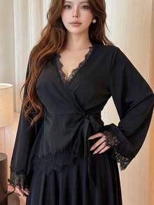 Vibekara Plus Size Women's Casual Minimalist Commute Woven Long Sleeve Shirt, Autumn Fall - Black - View 1