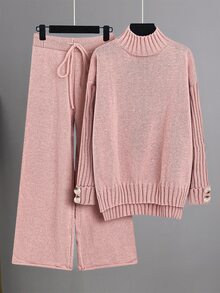 Calvaya 2pcs Women's Solid Stand Collar Sweater Top And Belted Knit Midi Skirt Set, Fall/Winter - Coral Pink - View 4