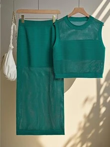 Franclia Summer Women 2 Pieces Casual Hollow Out Knitted Sweater Vest And Skirt Suits - Dark Green - View 3