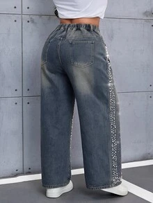 SHEIN Tall CURVE 大尺碼女款人造珍珠裝飾口袋寬腿鬆款牛仔褲 冬季萬聖節聖誕派對亮片 - 藍色 - 查看 2