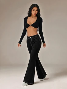 SHEIN Tall بنطلون جينز واسع للنساء لفصلي الربيع/الخريف، أنيق ومتعدد الاستخدامات - الأسود - مشاهدة 8