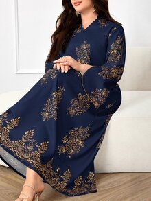 Al Najma Plus Size Women Arab Style Casual Dress, Minimalist Fashion For Everyday Wear Modest - Navy Blue - View 3