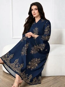 Al Najma Plus Size Women Arab Style Casual Dress, Minimalist Fashion For Everyday Wear Modest - Navy Blue - View 1
