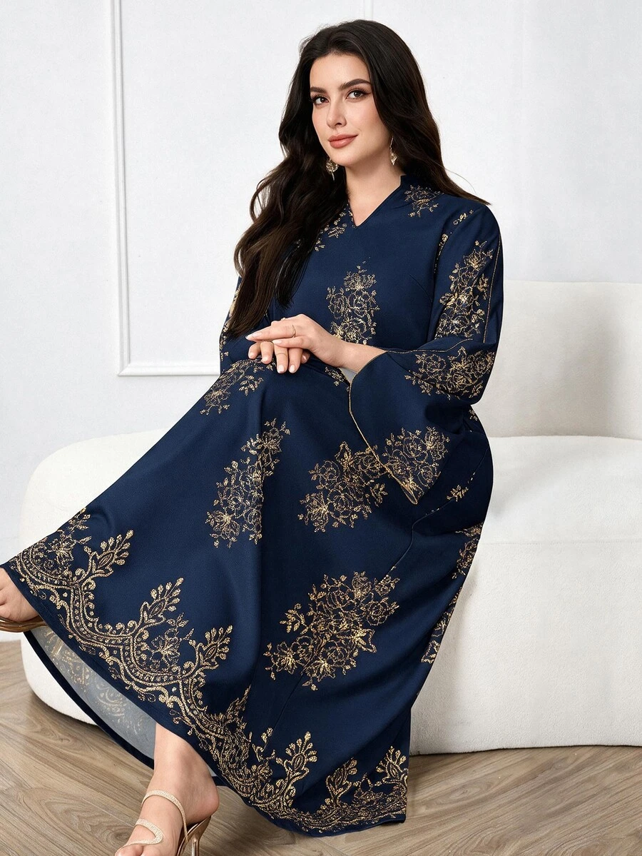 Al Najma Plus Size Women Arab Style Casual Dress, Minimalist Fashion For Everyday Wear Modest - Navy Blue - View 1