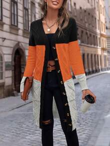 Calvaya Women's Black And Orange Color Block Cardigan,Autumn Casual Everyday Dual Pocket Button Front V Neck Regular Fit Long Sleeve Multicolor Tops - Multicolor - View 5