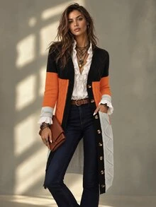 Calvaya Women's Black And Orange Color Block Cardigan,Autumn Casual Everyday Dual Pocket Button Front V Neck Regular Fit Long Sleeve Multicolor Tops - Multicolor - View 1