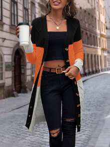 Calvaya Women's Black And Orange Color Block Cardigan,Autumn Casual Everyday Dual Pocket Button Front V Neck Regular Fit Long Sleeve Multicolor Tops - Multicolor - View 6