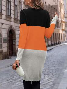 Calvaya Women's Black And Orange Color Block Cardigan,Autumn Casual Everyday Dual Pocket Button Front V Neck Regular Fit Long Sleeve Multicolor Tops - Multicolor - View 2