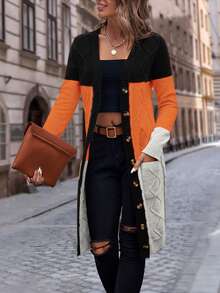 Calvaya Women's Black And Orange Color Block Cardigan,Autumn Casual Everyday Dual Pocket Button Front V Neck Regular Fit Long Sleeve Multicolor Tops - Multicolor - View 3