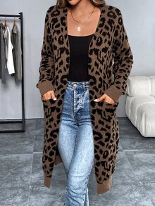 SHEIN Women's Long Sleeve Casual Leopard Print Long Cardigan Sweater, Autumn & Winter,Long Sleeve Tops Fall Cloth For Women - Brown - View 6