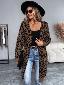 SHEIN Women's Long Sleeve Casual Leopard Print Long Cardigan Sweater, Autumn & Winter,Long Sleeve Tops Fall Cloth For Women - Brown - View 3