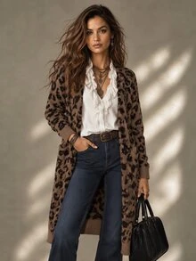SHEIN Women's Long Sleeve Casual Leopard Print Long Cardigan Sweater, Autumn & Winter,Long Sleeve Tops Fall Cloth For Women - Brown - View 1