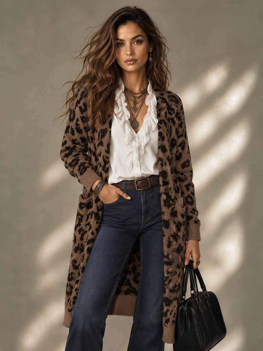 SHEIN Women's Long Sleeve Casual Leopard Print Long Cardigan Sweater, Autumn & Winter,Long Sleeve Tops Fall Cloth For Women - Brown - View 1