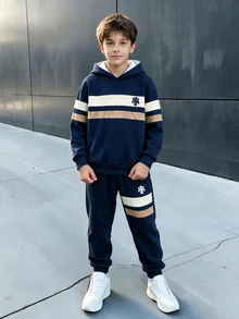2pcs Tween Boys Hoodie Set Casual Baggy Navy Blue Striped Colorblock Letter Print Long Sleeve Loose Hooded Autumn Back To School Street - Multicolor - View 3
