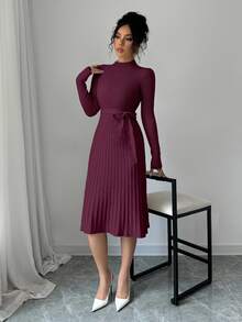 Selianne Women Plain Stand Collar Long Sleeve Minimalist Loose A-Line Dress Fall Winter Cloth For Women - Burgundy - View 4