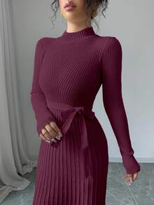 Selianne Women Plain Stand Collar Long Sleeve Minimalist Loose A-Line Dress Fall Winter Cloth For Women - Burgundy - View 7