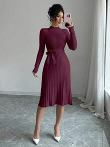 Selianne Women Plain Stand Collar Long Sleeve Minimalist Loose A-Line Dress Fall Winter Cloth For Women - Burgundy - View 3