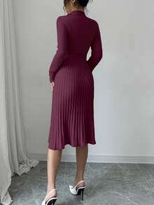 Selianne Women Plain Stand Collar Long Sleeve Minimalist Loose A-Line Dress Fall Winter Cloth For Women - Burgundy - View 2