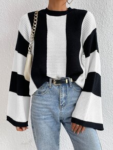 Calvaya 女士秋冬撞色黑白条纹蝙蝠袖宽松休闲套头毛衣，长袖上衣，针织套头衫 - 黑與白 - 查看 4