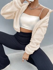 Calvaya Drop Shoulder Zip Up Jacket Fall Winter Cloth For Women - Apricot - View 4