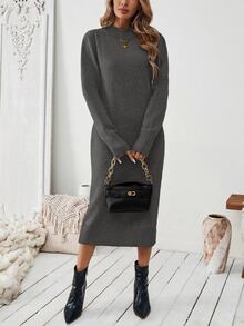 SHEIN LUNE 女式圆领直筒针织毛衣裙，休闲百搭日常穿着，适合所有人 - 深灰色 - 查看 6