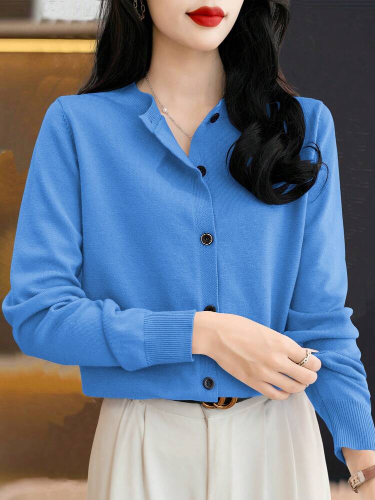EMERY ROSE 1 pieza Blusa casual minimalista de manga larga con botón delantero de un solo color, para uso diario - Azul - Añade 7
