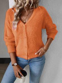 Calvaya Women's Solid Color Front Button Long Sleeve Simple Tops Daily Casual Fall Winter Cloth For Women - Orange - View 4