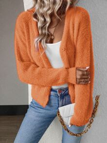 Calvaya Women's Solid Color Front Button Long Sleeve Simple Tops Daily Casual Fall Winter Cloth For Women - Orange - View 3