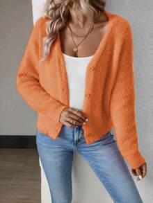 Calvaya Women's Solid Color Front Button Long Sleeve Simple Tops Daily Casual Fall Winter Cloth For Women - Orange - View 5