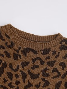 Franclia Women's Leopard Print Crew Neck Long Sleeve Cropped Casual Sweater, Autumn/Winter - Camel - View 4