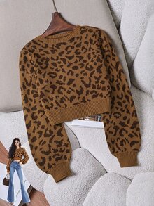 Franclia Women's Leopard Print Crew Neck Long Sleeve Cropped Casual Sweater, Autumn/Winter - Camel - View 3