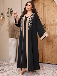 Al Najma 大尺碼女款拼色花卉刺繡 Ninang 穆斯林長袖 Abaya 正式洗禮禮服 婚禮賓客禮服 堅信禮禮服 黑色 秋季 - 黑色 - 查看 6