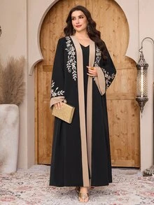 Al Najma 大尺碼女款拼色花卉刺繡 Ninang 穆斯林長袖 Abaya 正式洗禮禮服 婚禮賓客禮服 堅信禮禮服 黑色 秋季 - 黑色 - 查看 8