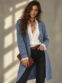 EMERY ROSE Cárdigan de punto liso con diseño hueco casual para vacaciones - Neblina azul - Ver 2