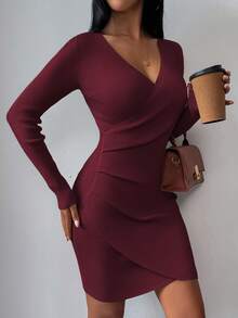 SHEIN LUNE Women's Solid Color V-Neck Long Sleeve Slim Fit Elegant Knit Sweater Dress, Autumn/Winter Fall Cloth For Women - Burgundy - View 5