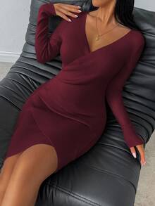 SHEIN LUNE Women's Solid Color V-Neck Long Sleeve Slim Fit Elegant Knit Sweater Dress, Autumn/Winter Fall Cloth For Women - Burgundy - View 6