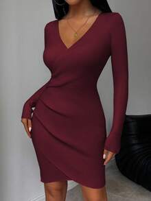 SHEIN LUNE Women's Solid Color V-Neck Long Sleeve Slim Fit Elegant Knit Sweater Dress, Autumn/Winter Fall Cloth For Women - Burgundy - View 4