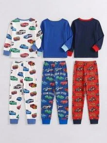 SHEIN Young Boy Cartoon Car Pattern Knit Soft Crew Neck Long Sleeve Pullover Top And Elastic Waist Slim Fit Long Pants 2-Piece Set, Suitable For All Seasons, Christmas, New Year, Party, Indoor - Apricot - View 2
